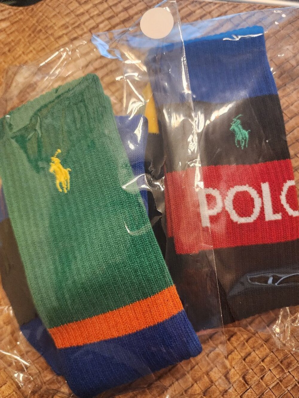 2 PAIRS OF POLO RALPH LAUREN MEN'S CREW SOCKS - NAVY/GREEN/YELLOW & SOLID YELLOW